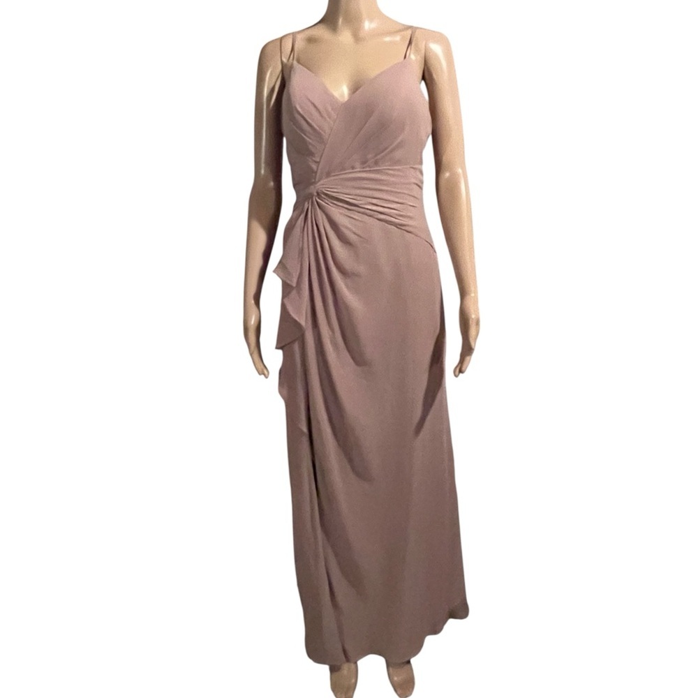 Azazie Draped Spaghetti Strap Bridesmaid Gown Ruched Bodice V-Neck Mauve A6